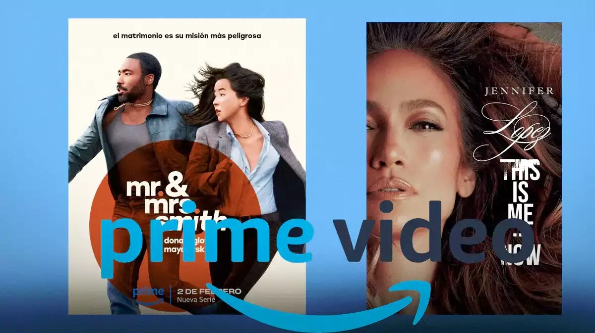 Show/movie posters for the new Mr. and Mrs. Smith TV series, the J Lo movie This is Me… Now, and the Prime Video logo