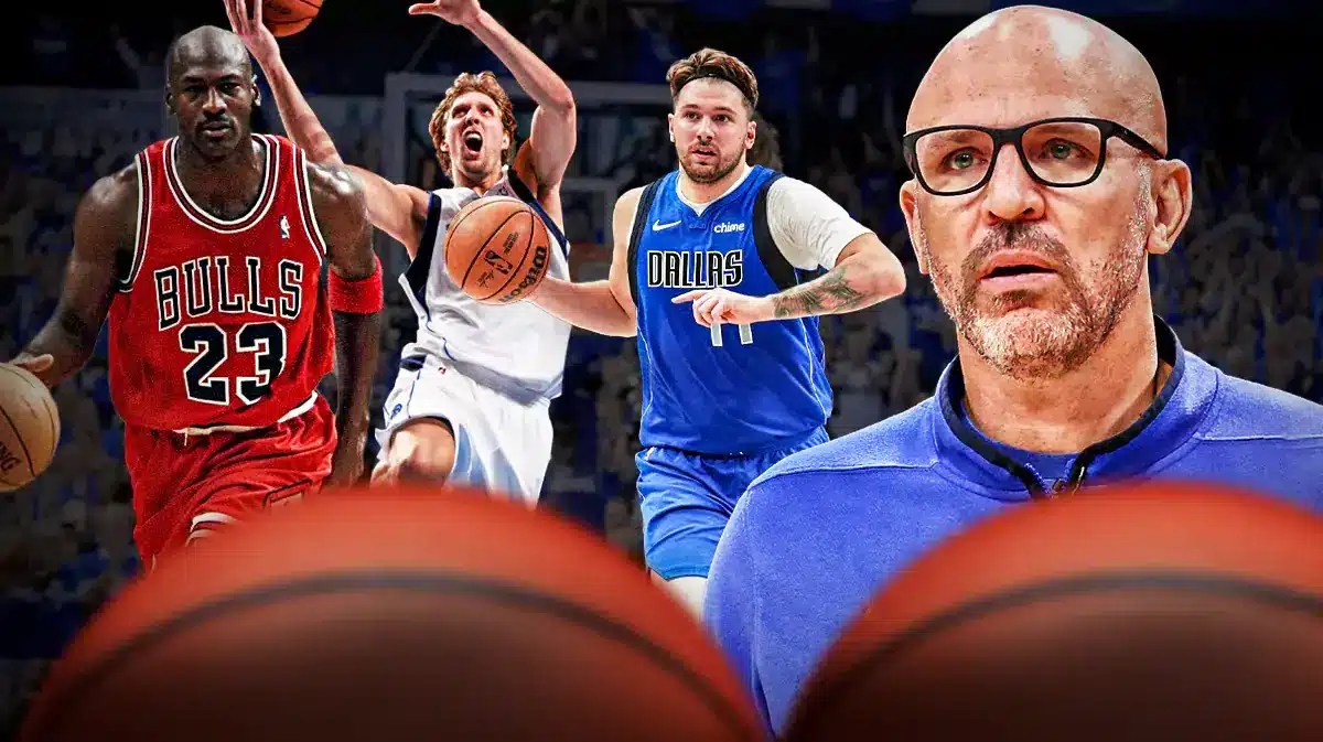 Mavericks' Jason Kidd (as coach, larger than the rest) looking at Luka Doncic, Dirk Nowitzki, and Michael Jordan all in action.