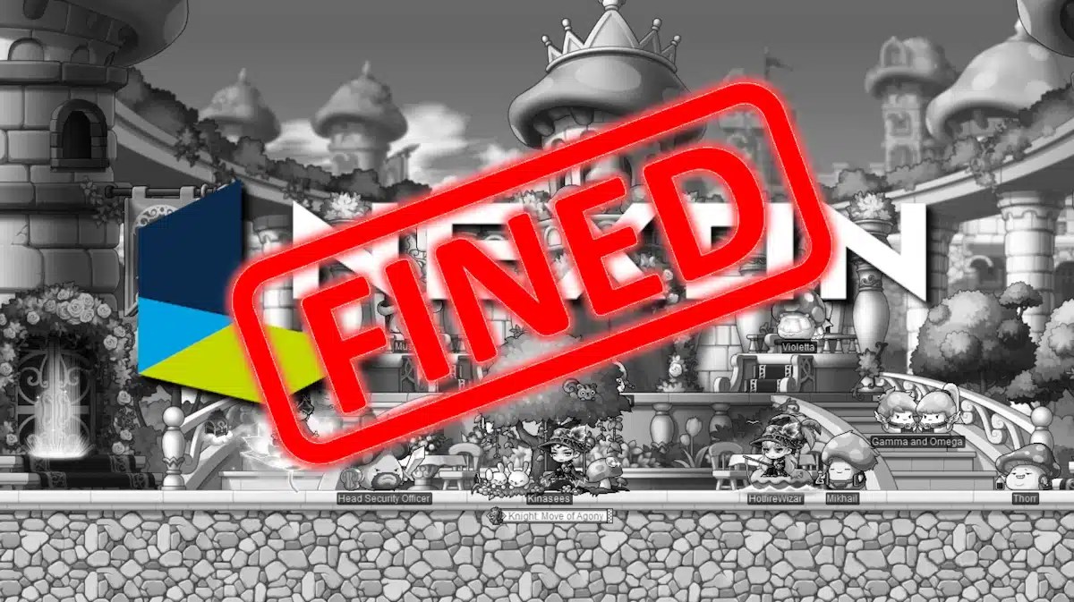 nexon fined, maplestory cubes drop rate, maplestory cubes, nexon fined maplestory, maplestory, a gray scale image of the game MapleStory with the nexon logo in front of it with the word FINED on top of the logo