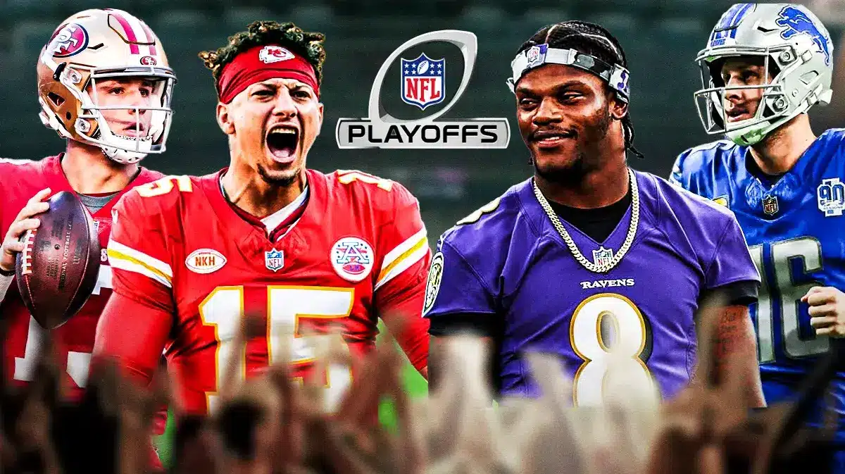 The NFL Playoffs logo in the middle, Patrick Mahomes and Brock Purdy on one side, Lamar Jackson and Jared Goff on the other side