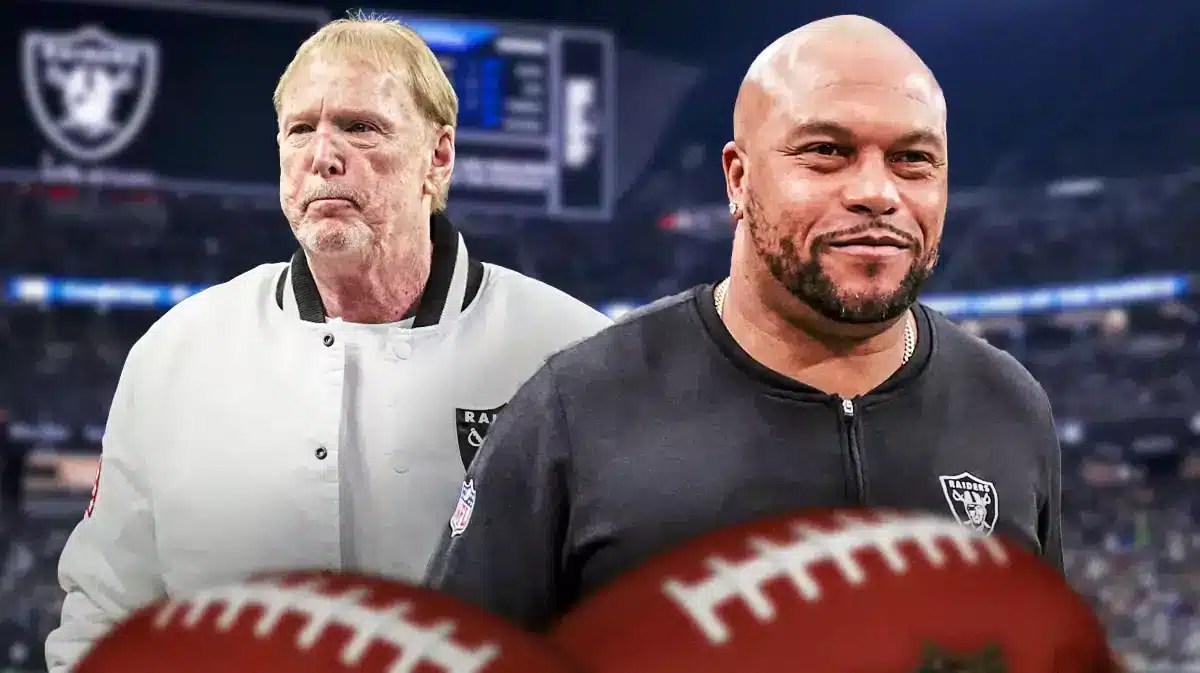 Raiders' Mark Davis next to new full-time head coach Antonio Pierce