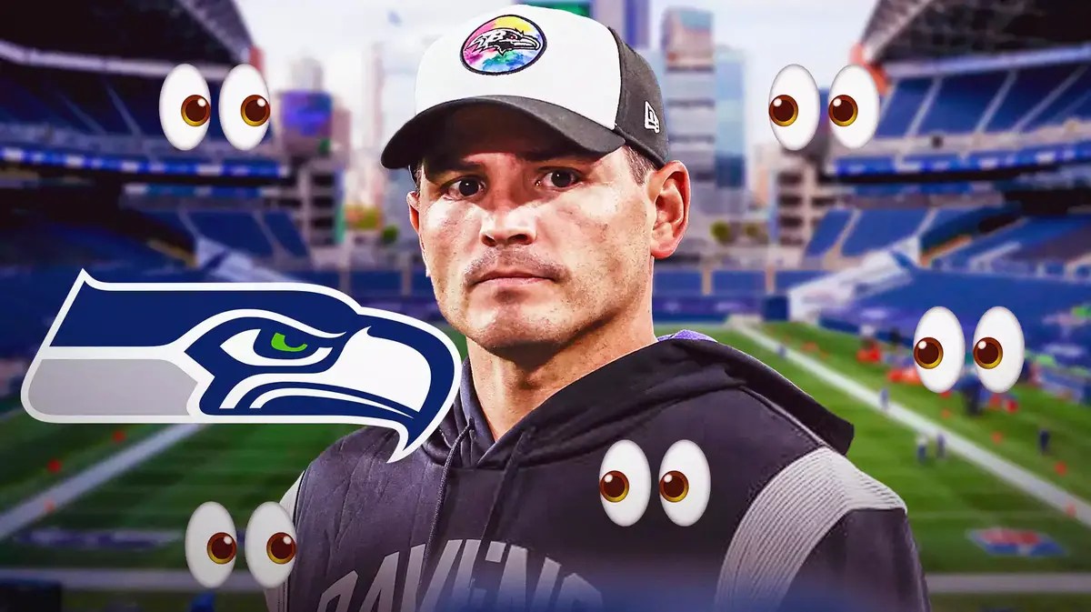Mike Macdonald next to the Seahawks logo
