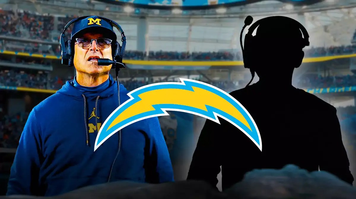 Los Angeles Chargers logo in middle. On left, Michigan’s Jim Harbaugh. On right, silhouette of Lions’ coach Ben Johnson.