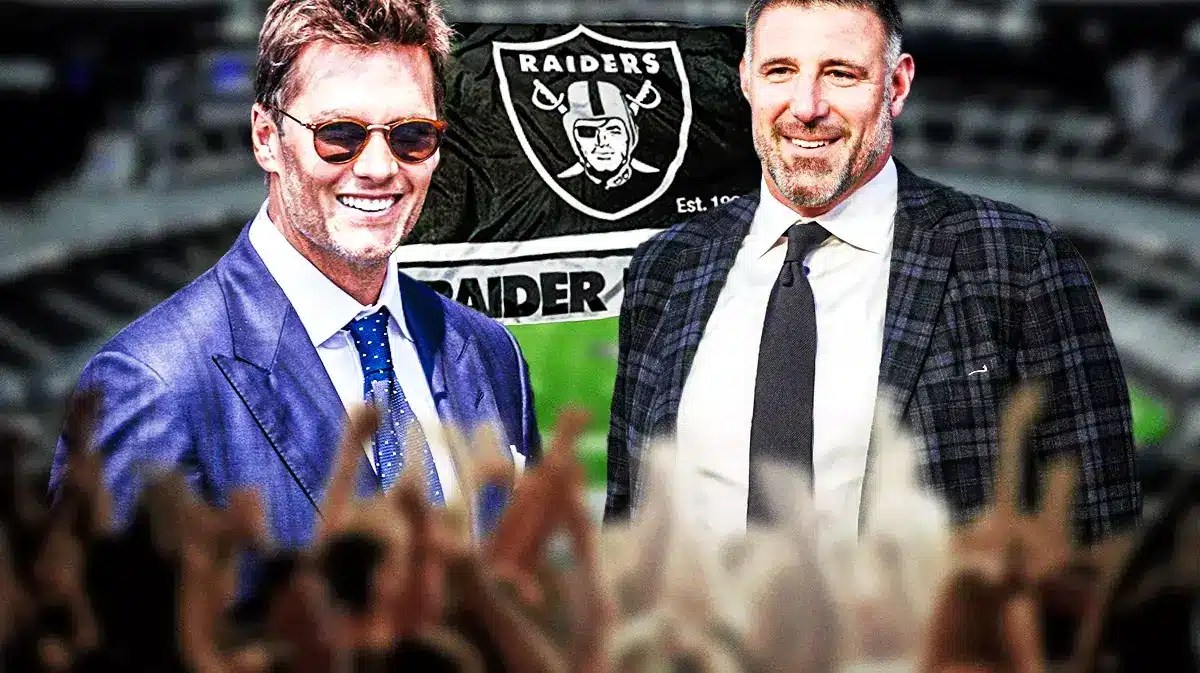Former Patriots teammates Tom Brady and Mike Vrabel with a Raiders flag in the background