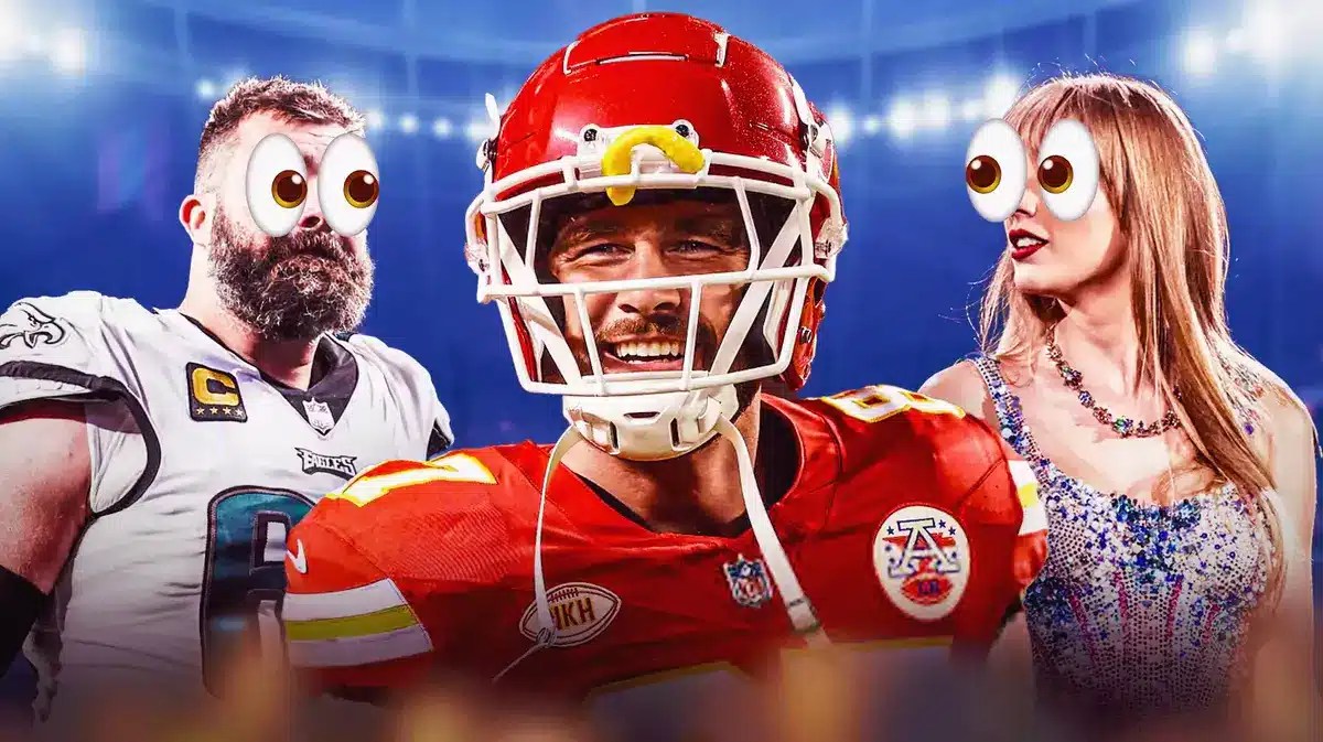 Jason Kelce and Taylor Swift looking at Travis Kelce