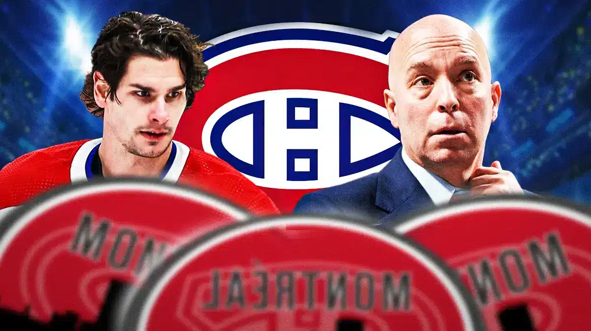 Sean Monahan in middle of image looking stern, Montreal Canadiens logo, Habs GM Kent Hughes in image looking thoughtful, hockey rink in background