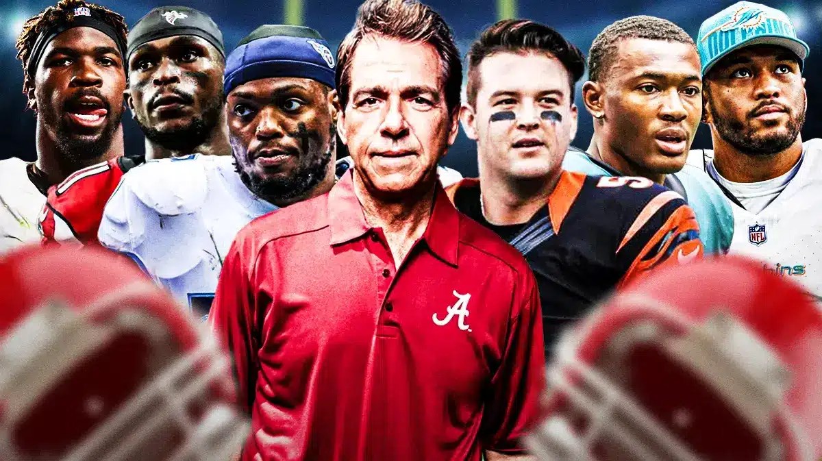 Nick Saban front and center. Behind him are Derrick Henry, AJ McCarron, Julio Jones, DeVonta Smith, C.J. Mosley, and Tua Tagovailoa.