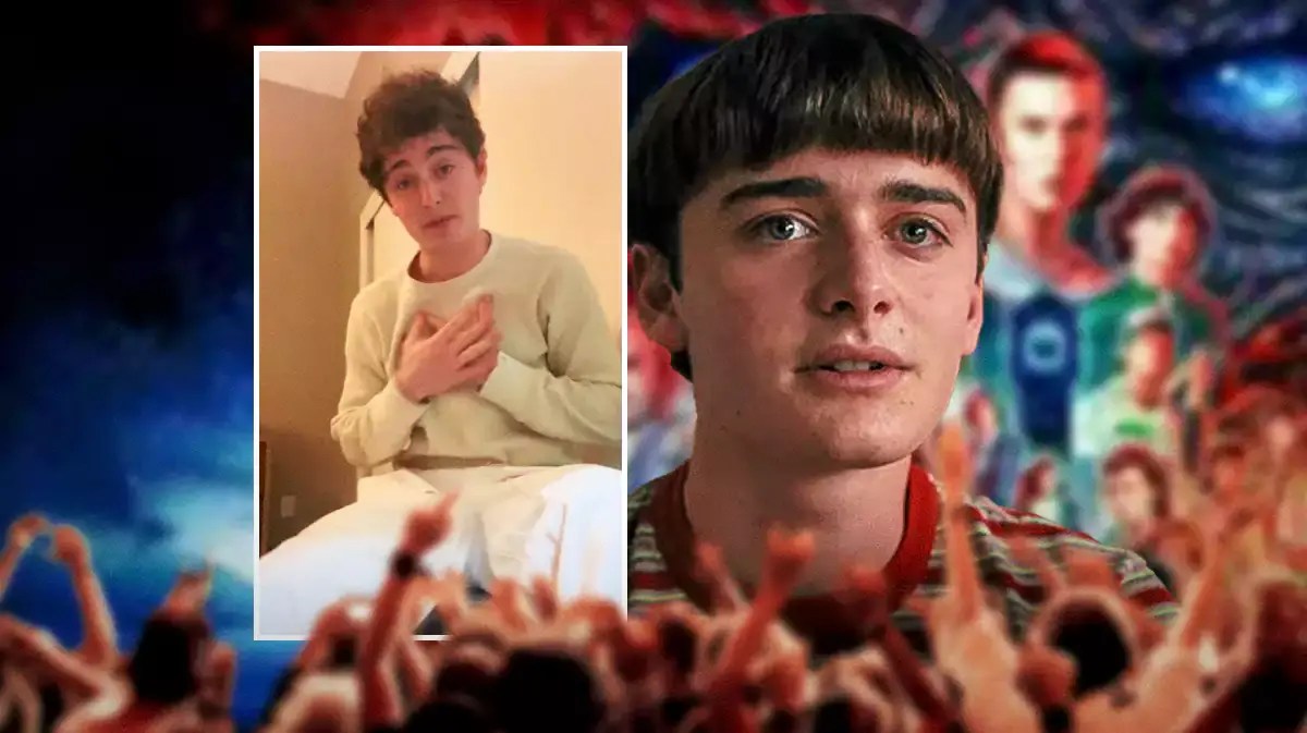 Noah Schnapp from his TikTok post alongside an image of him in Stranger Things