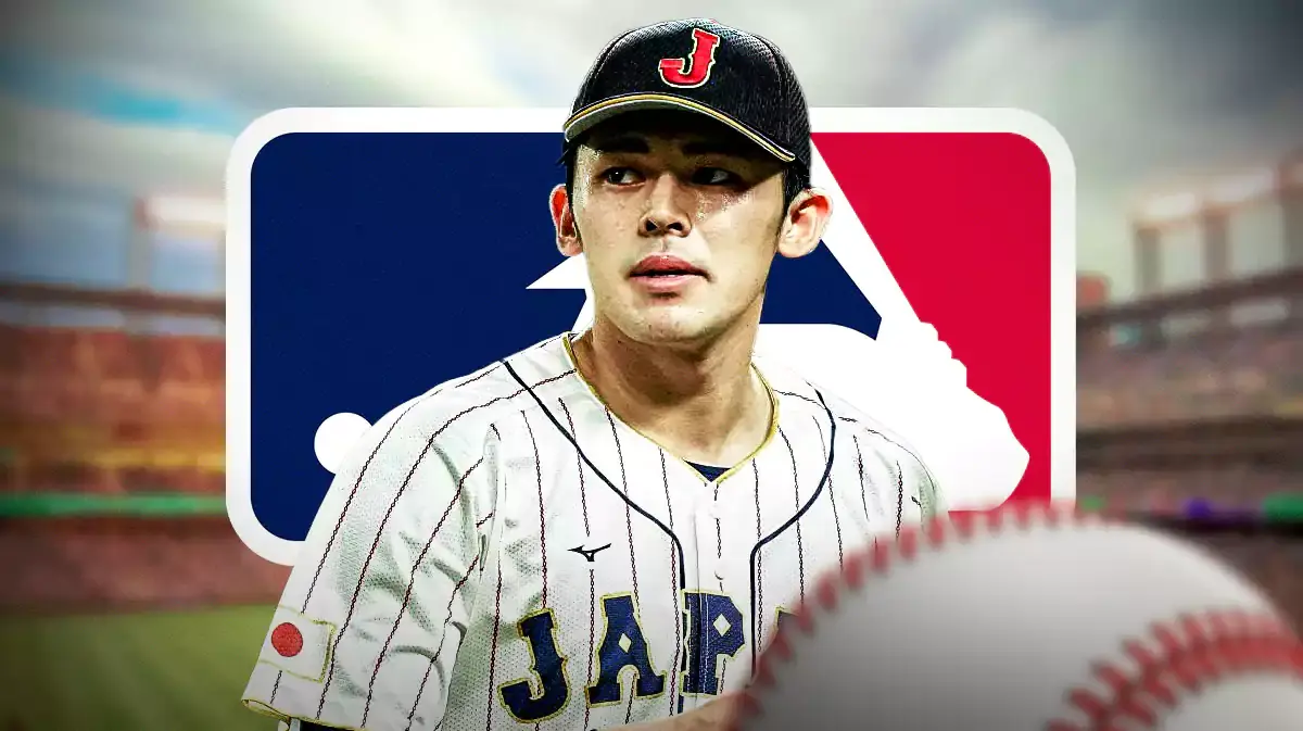 Roki Sasaki with MLB logo behind him