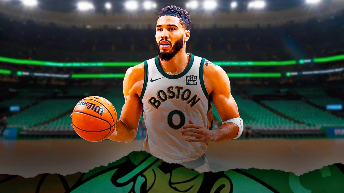 Jayson Tatum with the Celtics arena in the background