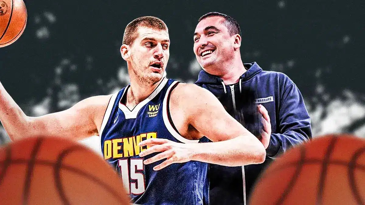 Denver Nuggets center Nikola Jokic with his former coach, Dejan Milojevic, behind him