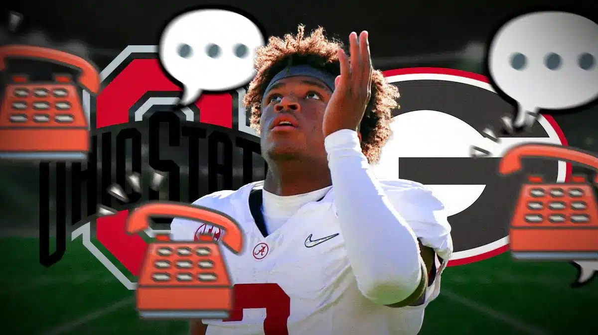 Ohio State defensive back Caleb Downs looking up, while phones ring all around him. Ohio State and Georgia logos behind him.