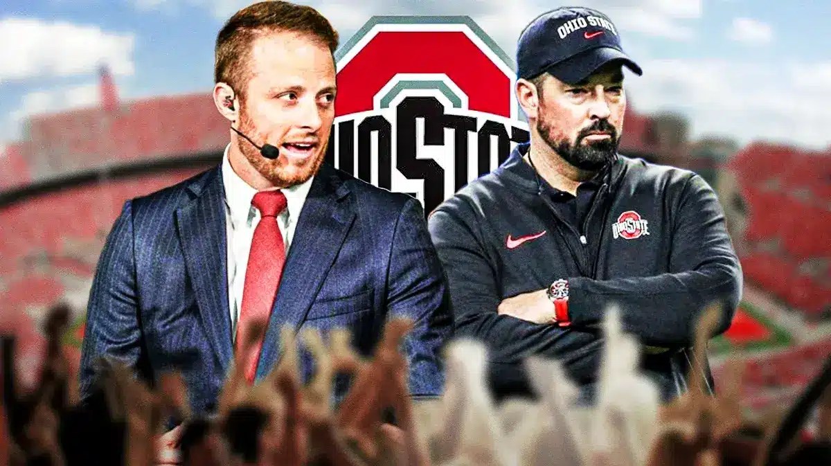 Photo: Greg McElroy and Ryan Day, with Ohio State logo in the back