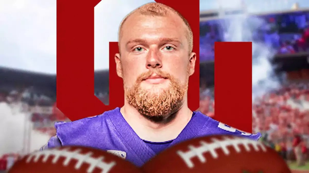 Geirean Hatchett (oklahoma football) in front of a portal with Oklahoma Sooners logo inside