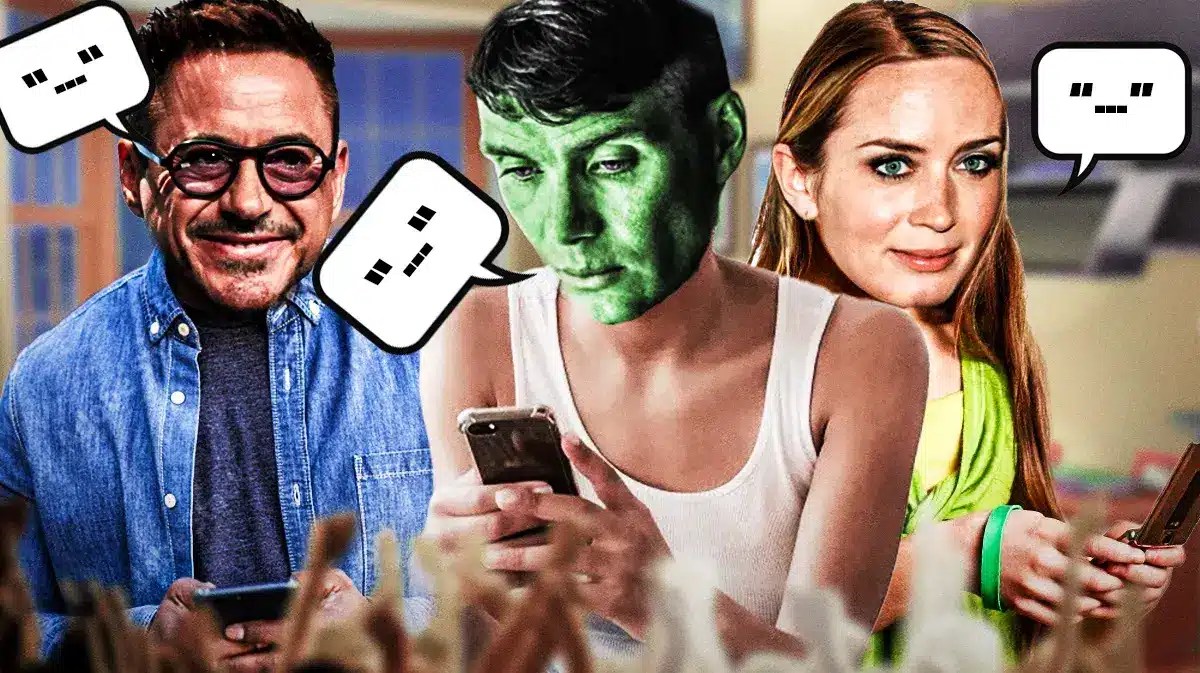 Cillian Murphy, Robert Downey Jr. and Emily Blunt all texting on cell phones with a “…” (text in progress) text bubble hovering over them