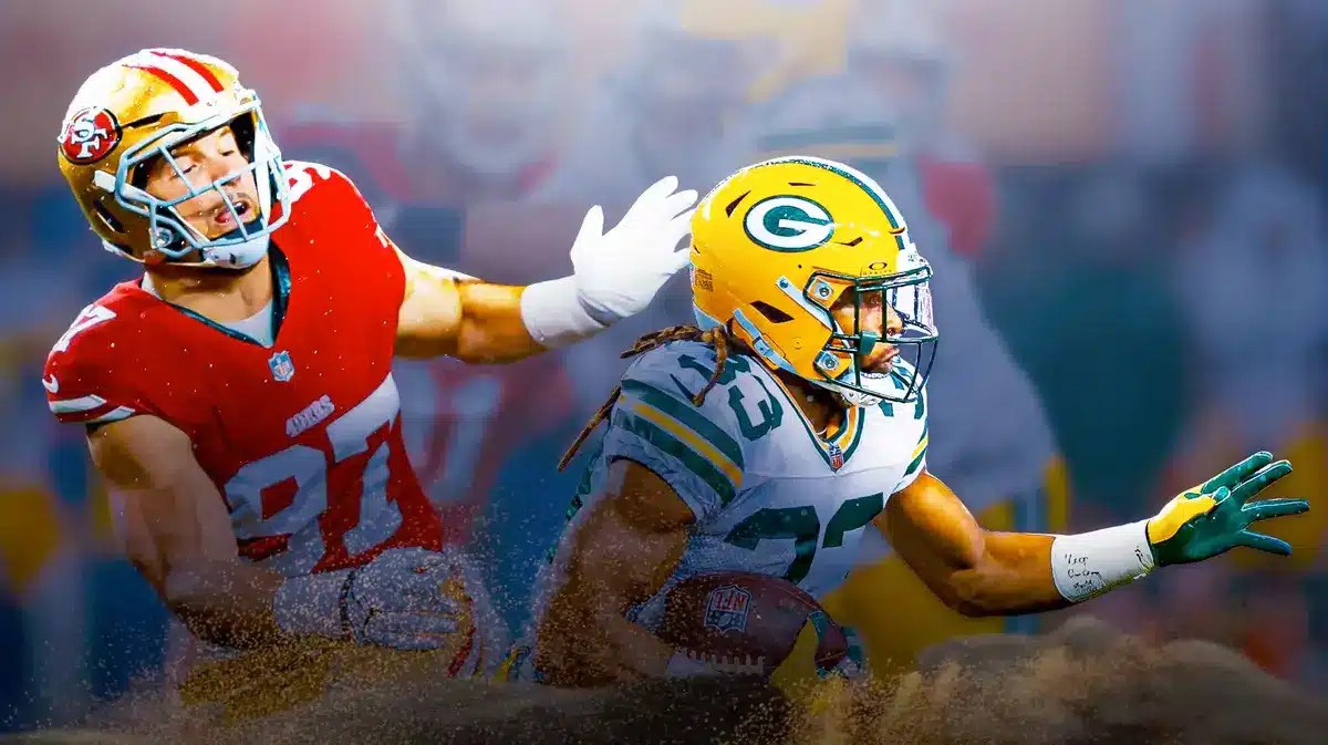 Packers running back Aaron jones blows by 49ers Nick Bosa