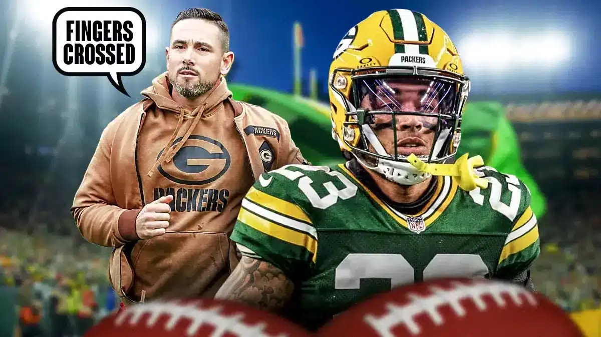 Green Bay Packers' Jaire Alexander and coach Matt LaFleur with speech bubble “Fingers Crossed”