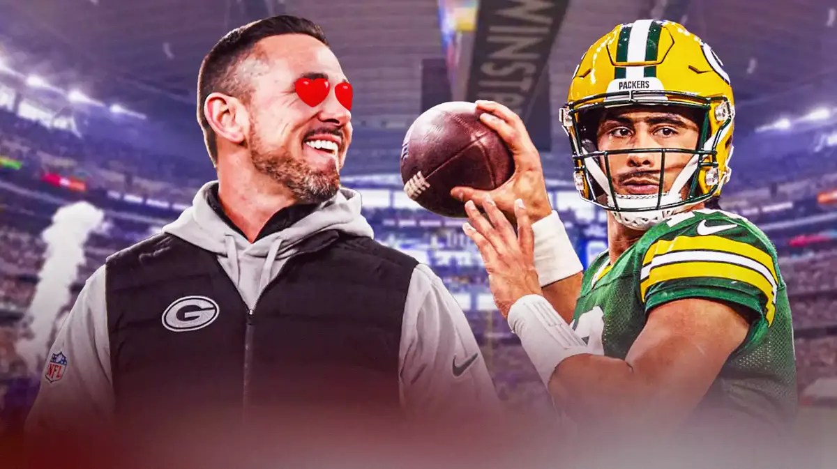 Matt LaFleur with heart eyes looking at Jordan Love. Cowboys Stadium in the background