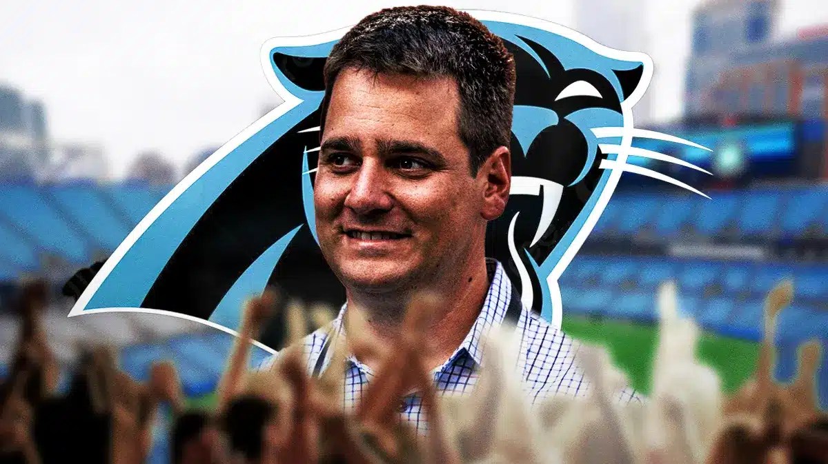 Panthers logo with Chiefs' executive Brandt Tilis in front of it.