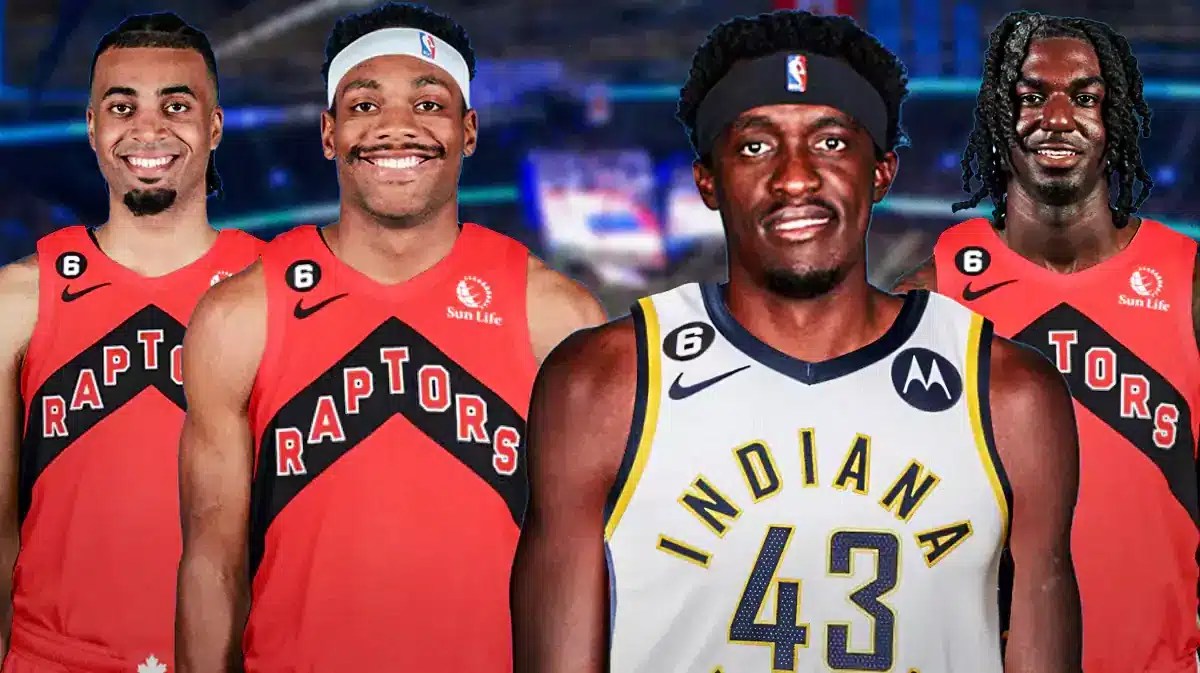 Pascal Siakam in Pacers uniform next to Jordan Nwora, Bruce Brown and Kira Lewis Jr. in Raptors uniforms
