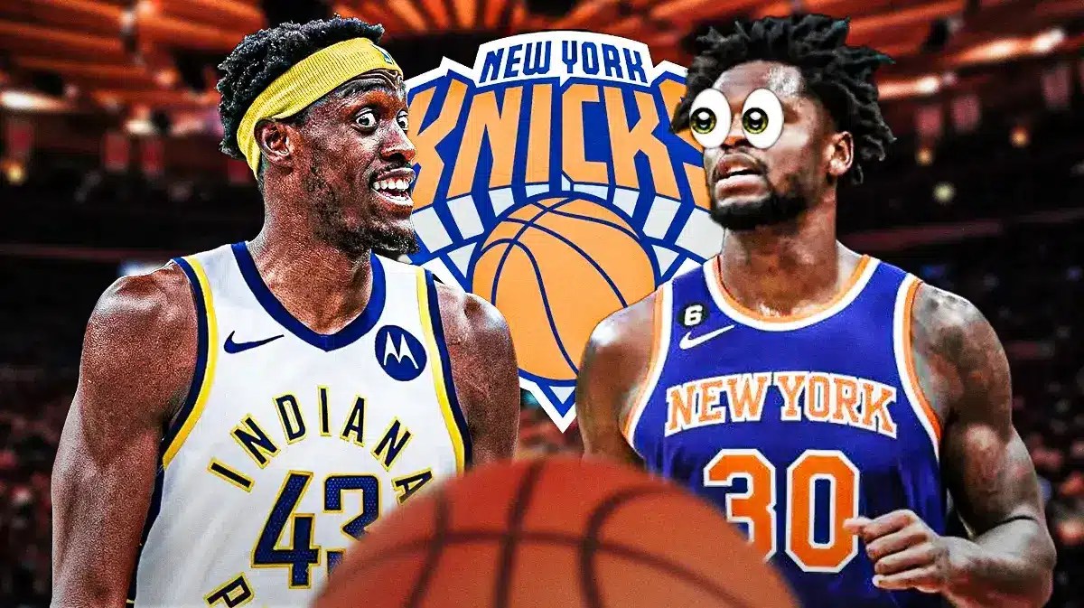 Knicks Julius Randle looking shocked at Pacers Pascal Siakam. Background is Madison Square Garden