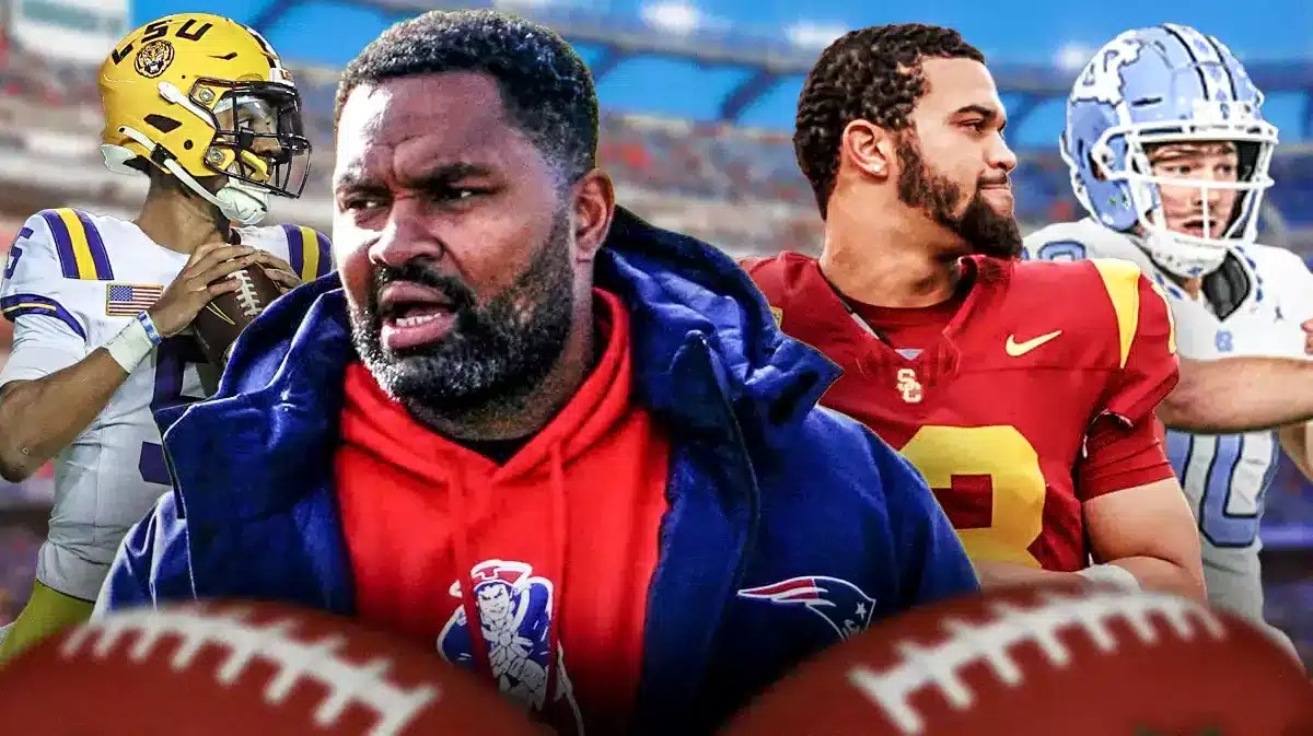 New England Patriots head coach Jerod Mayo with Jayden Daniels, Caleb Williams, and Drake Maye