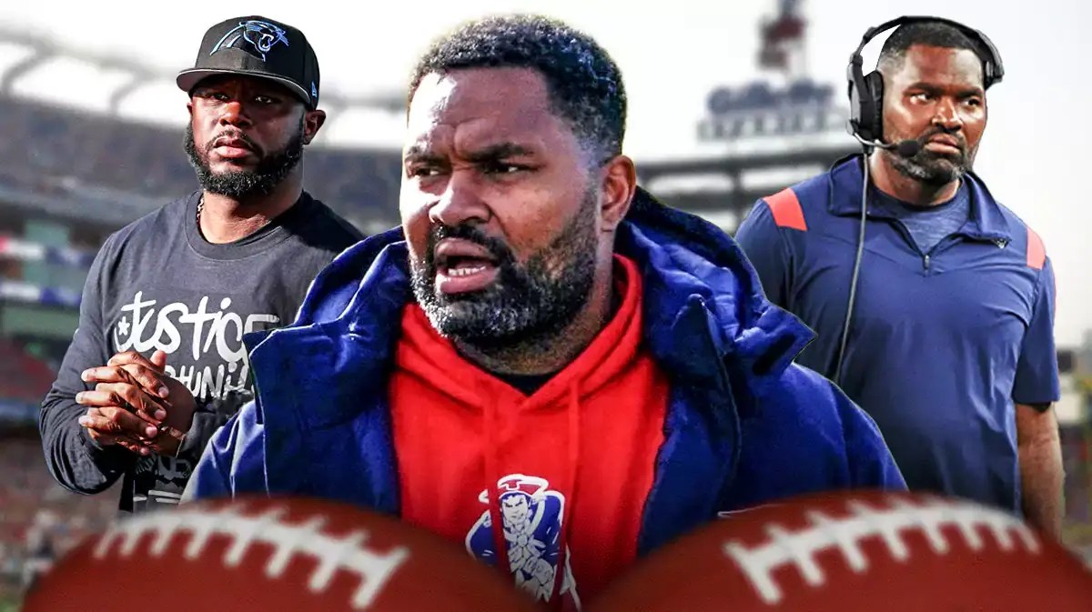New England Patriots head coach Jerod Mayo with Carolina Panthers offensive coordinator Thomas Brown.