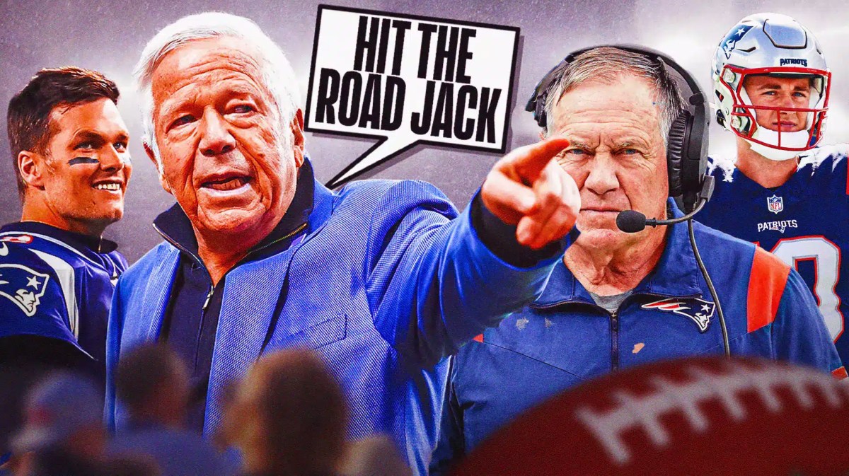 Patriots owner Robert Kraft saying "Hit the road Jack" to Bill Belichick, Tom Brady and Mac Jones in the background
