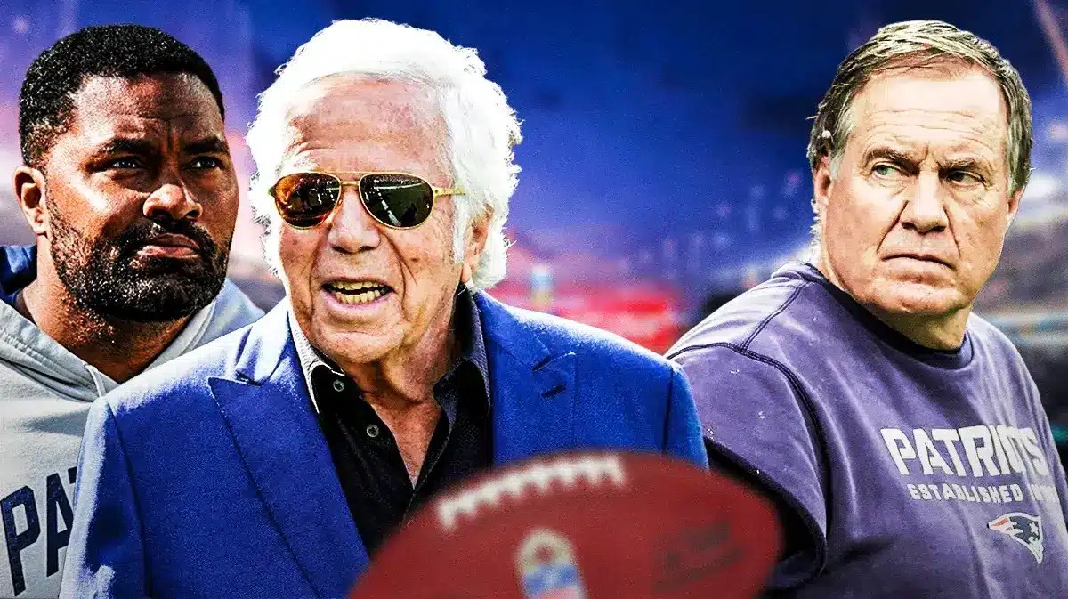 Robert Kraft with Jerod Mayo on left and Bill Belichick on right