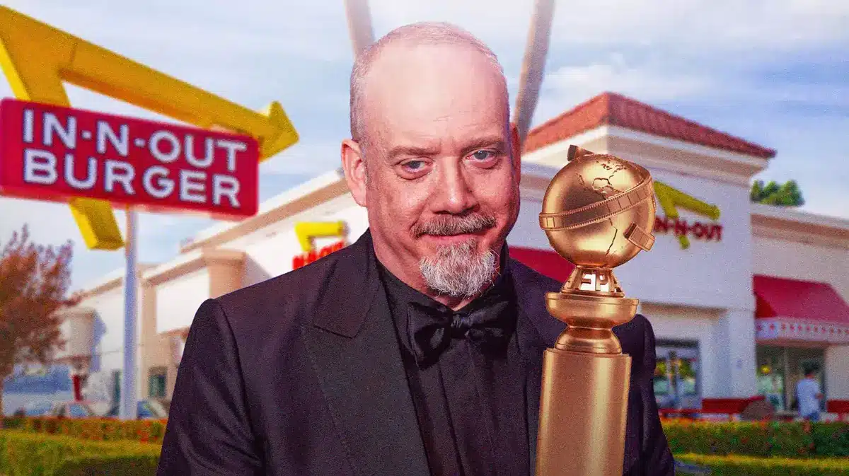 Paul Giamatti and Golden Globes trophy in front of an In-N-Out.