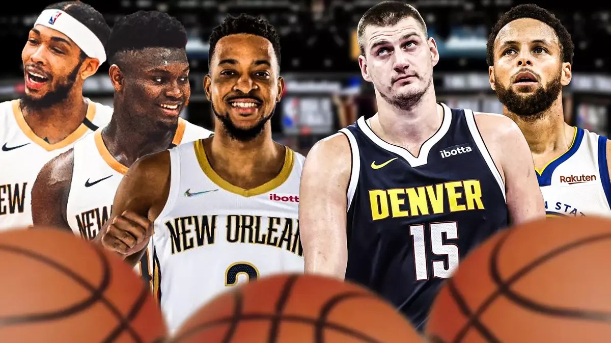 Pelicans' Brandon Ingram, Zion Williamson, and CJ McCollum next to the Nuggets' Nikola Jokic and Warriors' Stephen Curry.