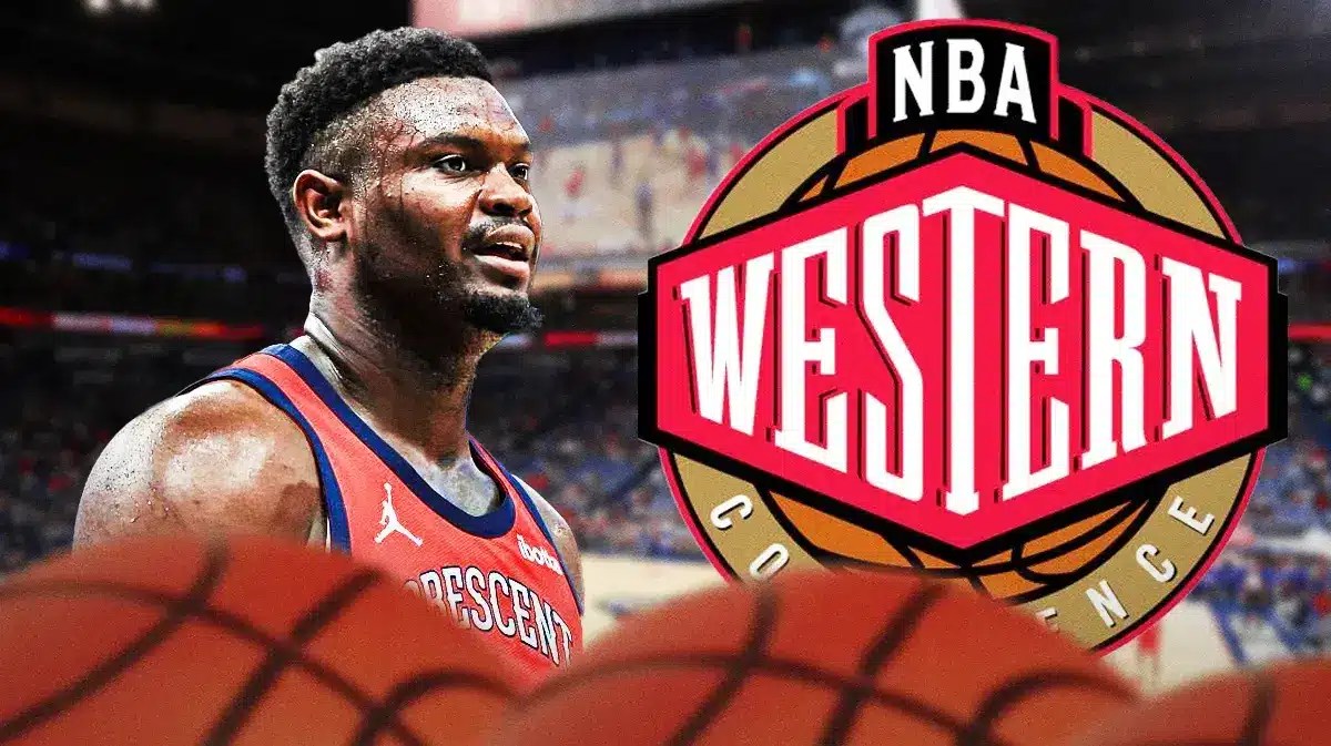 Pelicans' Zion Williamson next to big NBA Western Conference logo