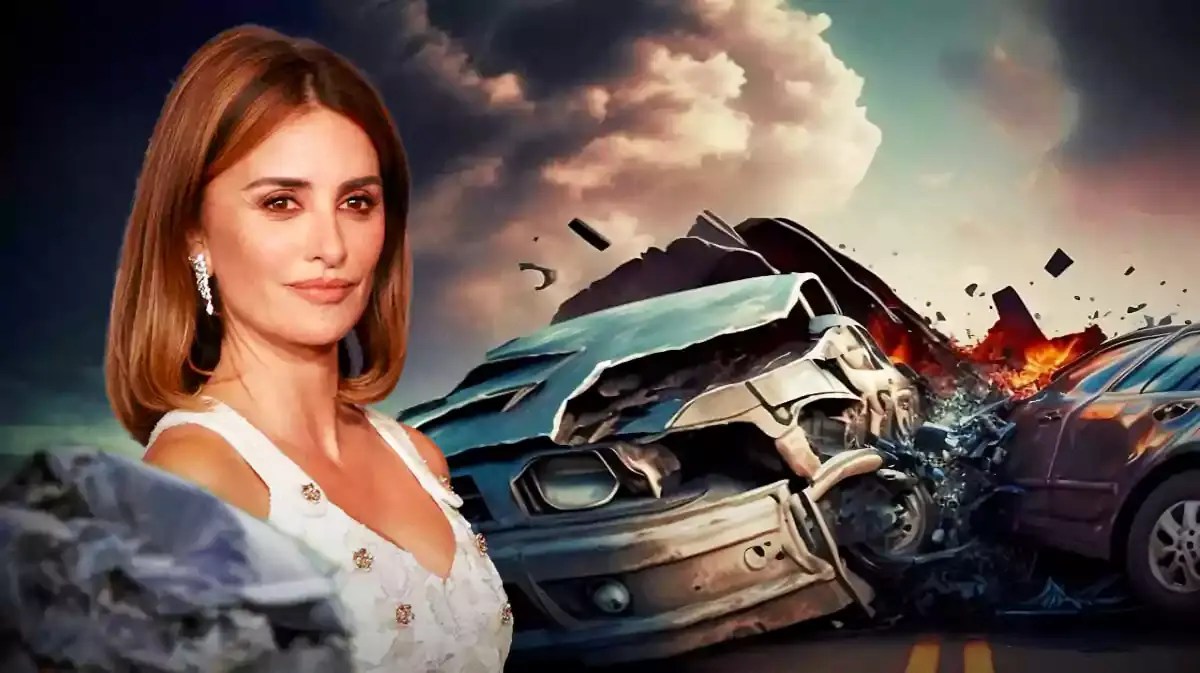 Penélope Cruz with a car accident behind her.