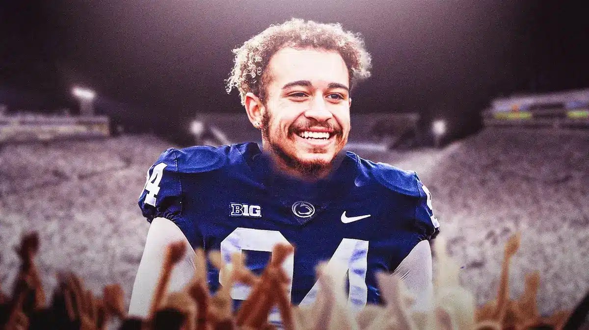 Julian Fleming in a Penn State football jersey.