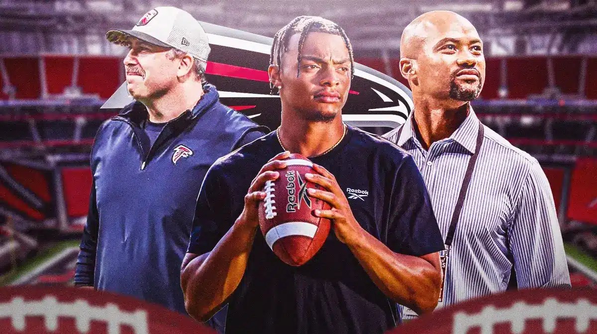 Justin Fields in the middle, Coach Arthur Smith and GM Terry Fontenot around him, and Atlanta Falcons logo in the background.
