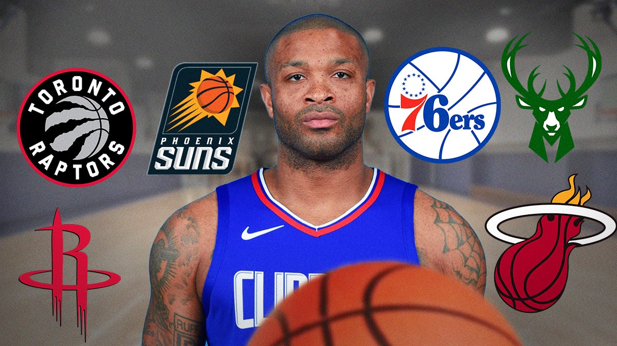 P.J. Tucker surrounded by logos of NBA teams.