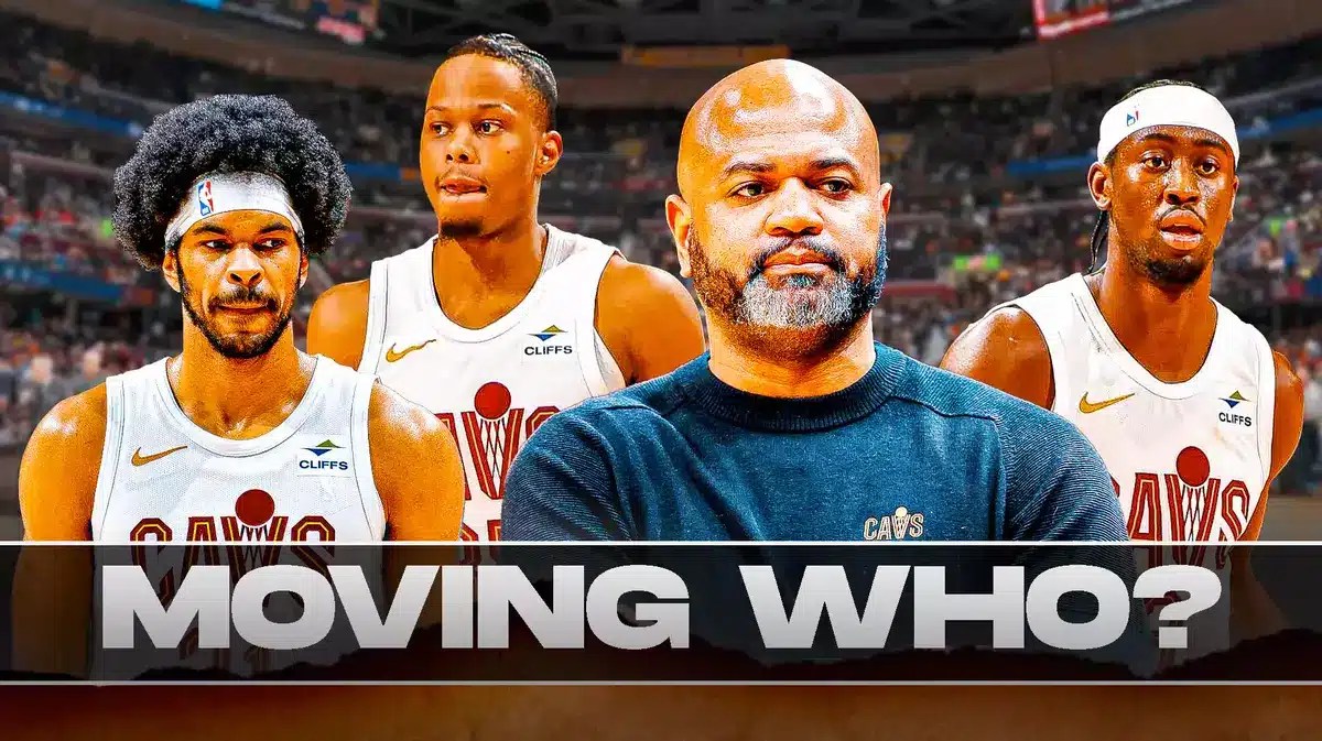 Caris LeVert, Isaac Okoro, Jarrett Allen, Coach JB Bickerstaff all beside each other, and question marks in the background.
