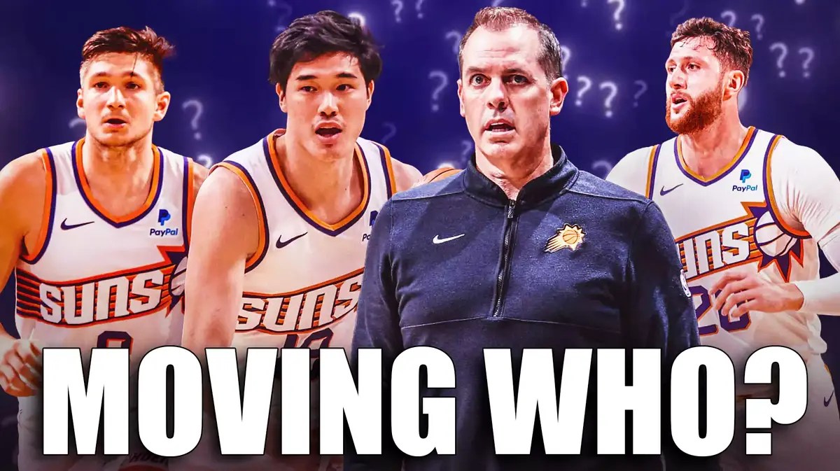 Grayson Allen, Yuta Watanabe, Jusuf Nurkic, Coach Frank Vogel all beside each other, and question marks in the background.