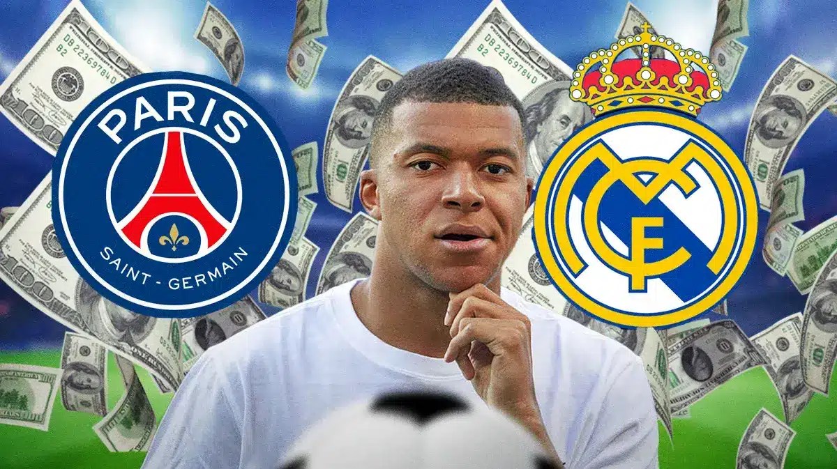Kylian Mbappe in between the PSG and Real Madrid logos, money falling from the air