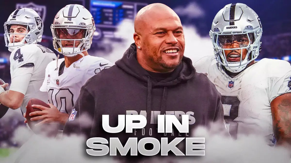 Coach Antonio Pierce in the middle, Aidan O'Connell, Jimmy Garoppolo, Josh Jacobs around him, and smoke in the background.
