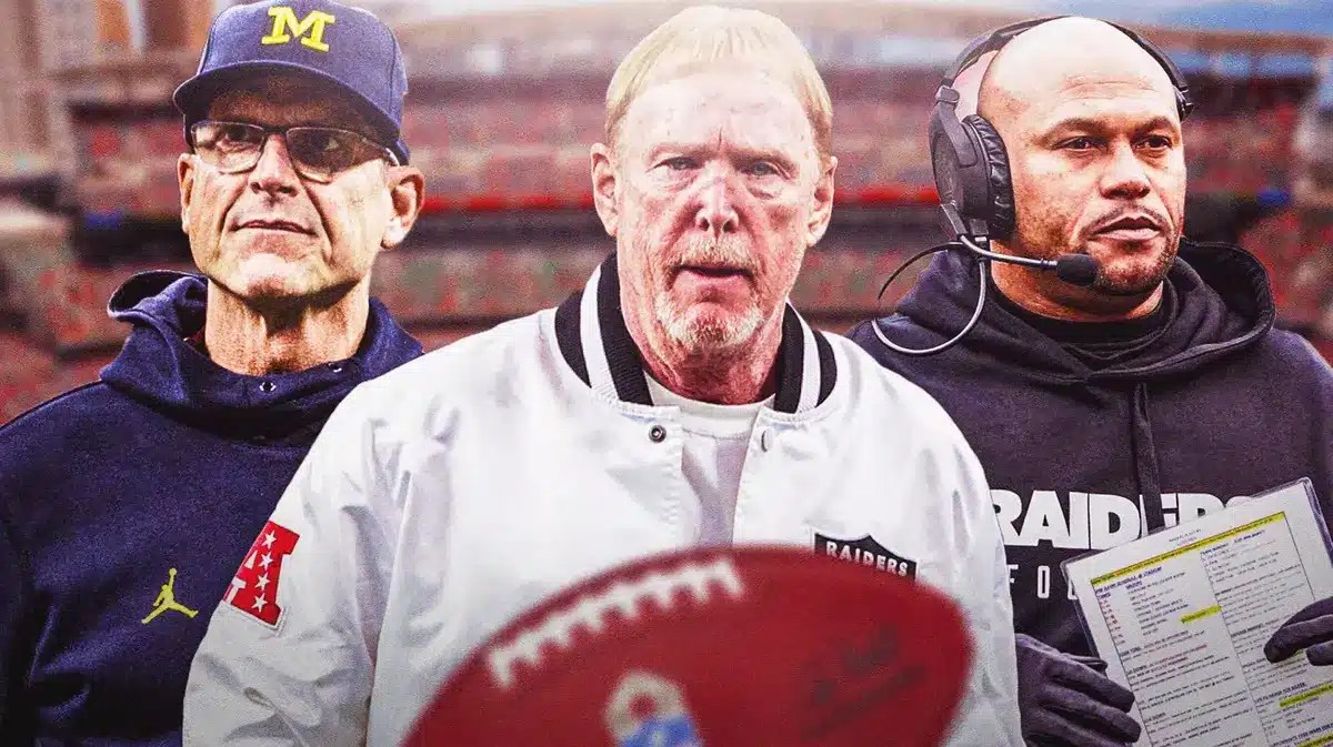Raiders owner Mark Davis and head coach candidates Jim Harbaugh and Antonio Pierce.