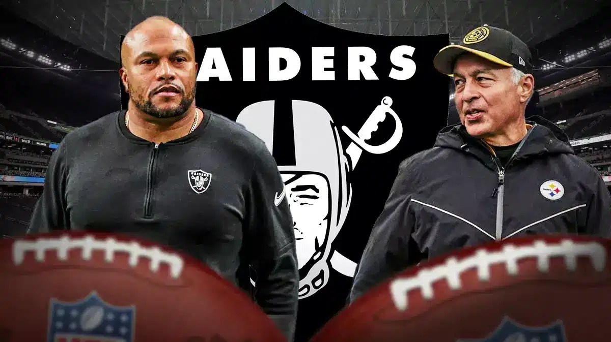 Raiders head coach and Steelers Mike Sullivan in front of a Raiders logo