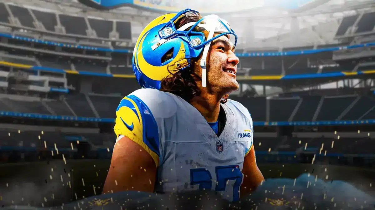 Los Angeles Rams' Puka Nacua looking happy/celebrating.