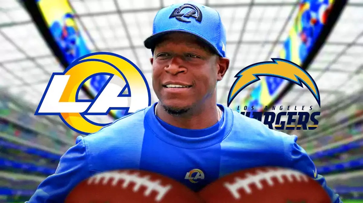 Defensive coordinator Raheem Morris, with Rams and Chargers logos next to him