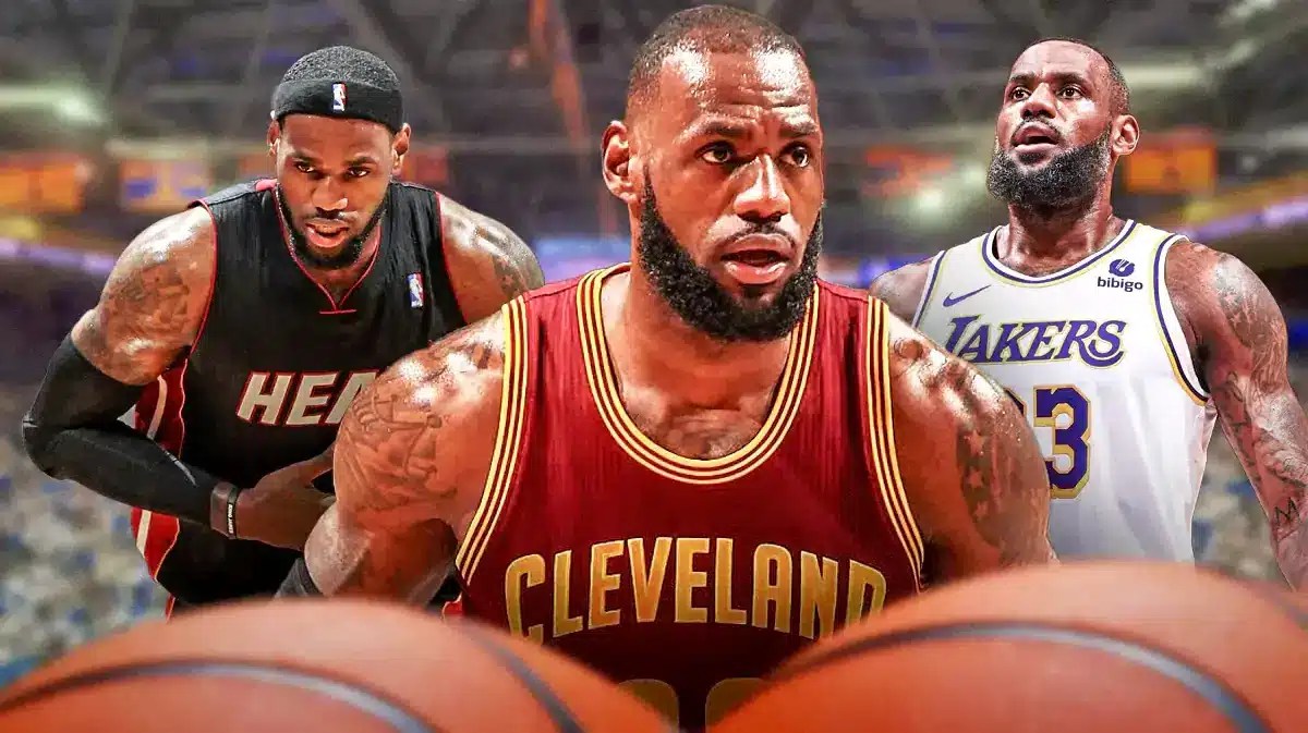 LeBron James in a Cleveland Cavs uniform in the middle, LeBron James in a Miami Heat uniform on one side, LeBron James in a Los Angeles Lakers uniform on the other side