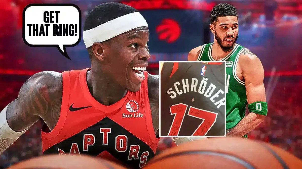 Toronto Raptors guard Dennis Schroder with a special gift to Boston Celtics star Jayson Tatum
