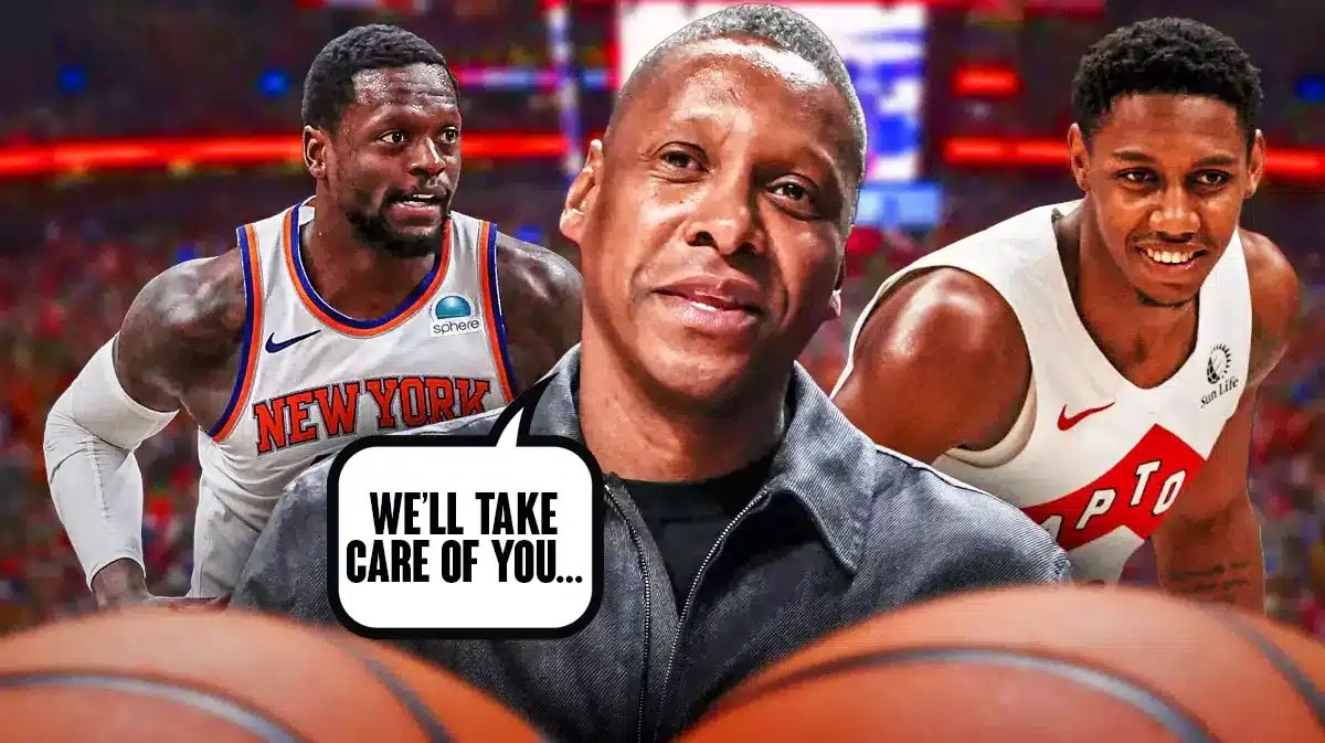 Thumb: Raptors' Masai Ujiri saying, “We’ll take care of you…” RJ Barrett looking happy. Julius Randle looking sad.