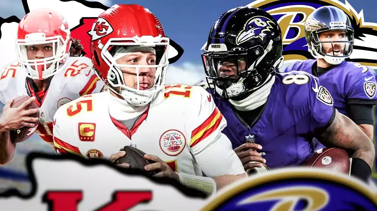 Patrick Mahomes, Jamaal Charles (Chiefs), on one side with Chiefs logo in the background. On the other side is Lamar Jackson and Joe Flacco (Ravens) with Ravens logo in the background.