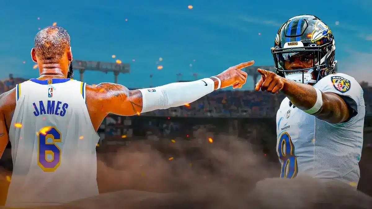 Lakers LeBron James and Ravens Lamar Jackson pointing at each other