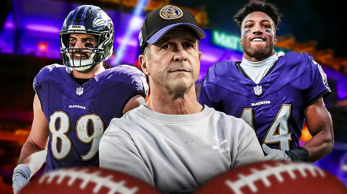 Baltimore Ravens head coach John Harbaugh with injured Ravens Mark Andrews and Marlon Humphrey